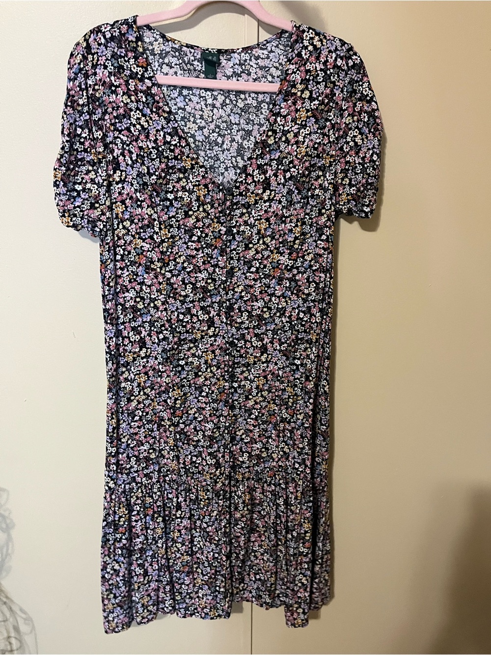 wild fable Black Floral V-Neck Short Sleeve Midi Dress